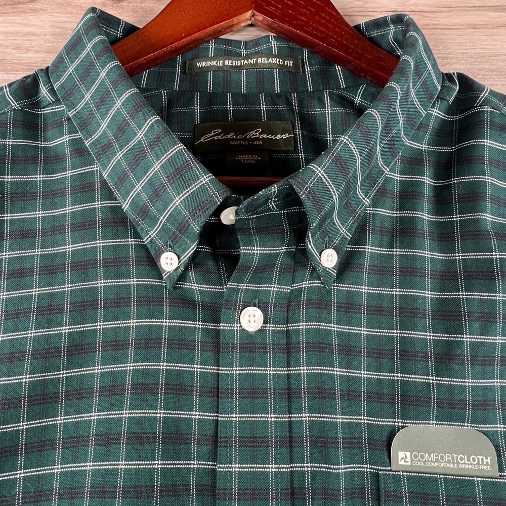 Eddie Bauer Mens Relaxed Fit Wrinkle Resistant Plaid Shirt Green 3XL Tall